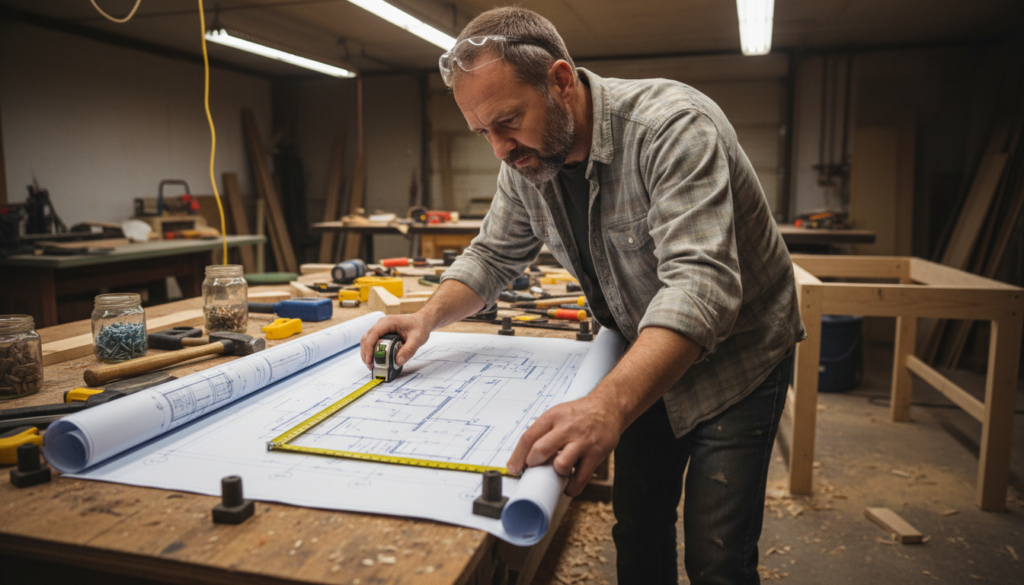 woodworker carefully reviewing plans before cutting woodworker carefully reviewing plans before cutting