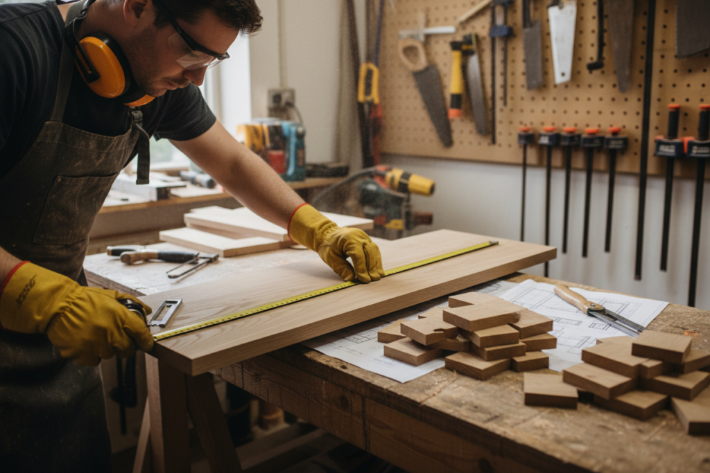 woodworker measuring and cutting wood for storage project