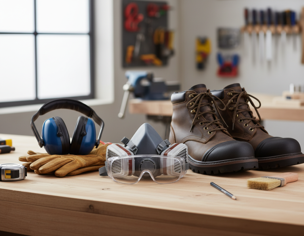 woodworking safety equipment including goggles dust mask and gloves