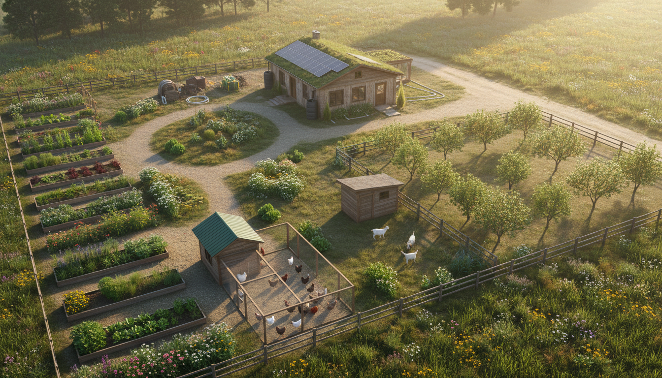 1 acre homestead layout with organized garden zones and livestock areas