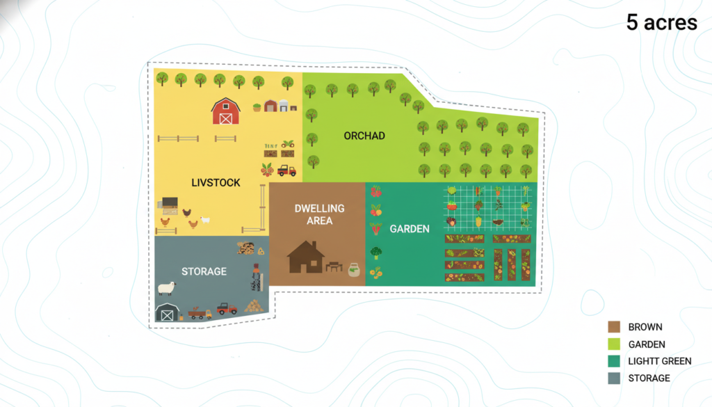5 acre homestead layout showing organized functional zones