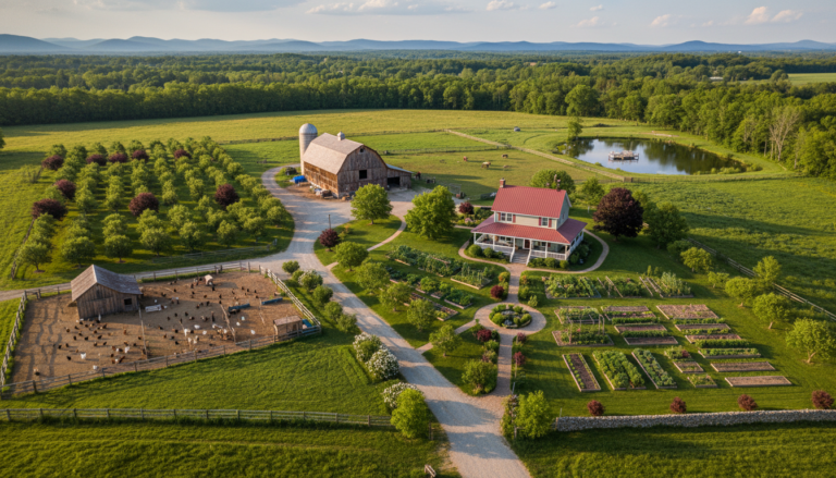 5 acre homestead layout with organized zones for garden, livestock, and dwelling areas