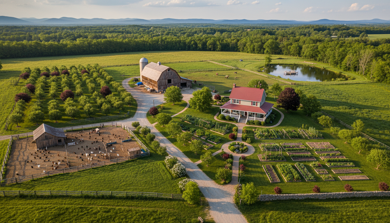 5 acre homestead layout with organized zones for garden, livestock, and dwelling areas