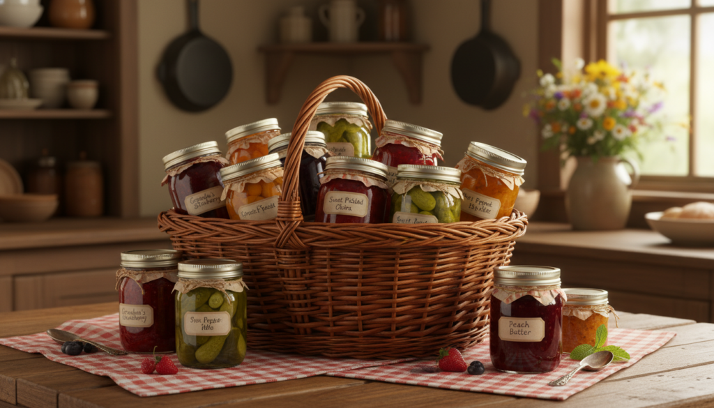 Basket filled with colorful homemade jams and preserves Basket filled with colorful homemade jams and preserves