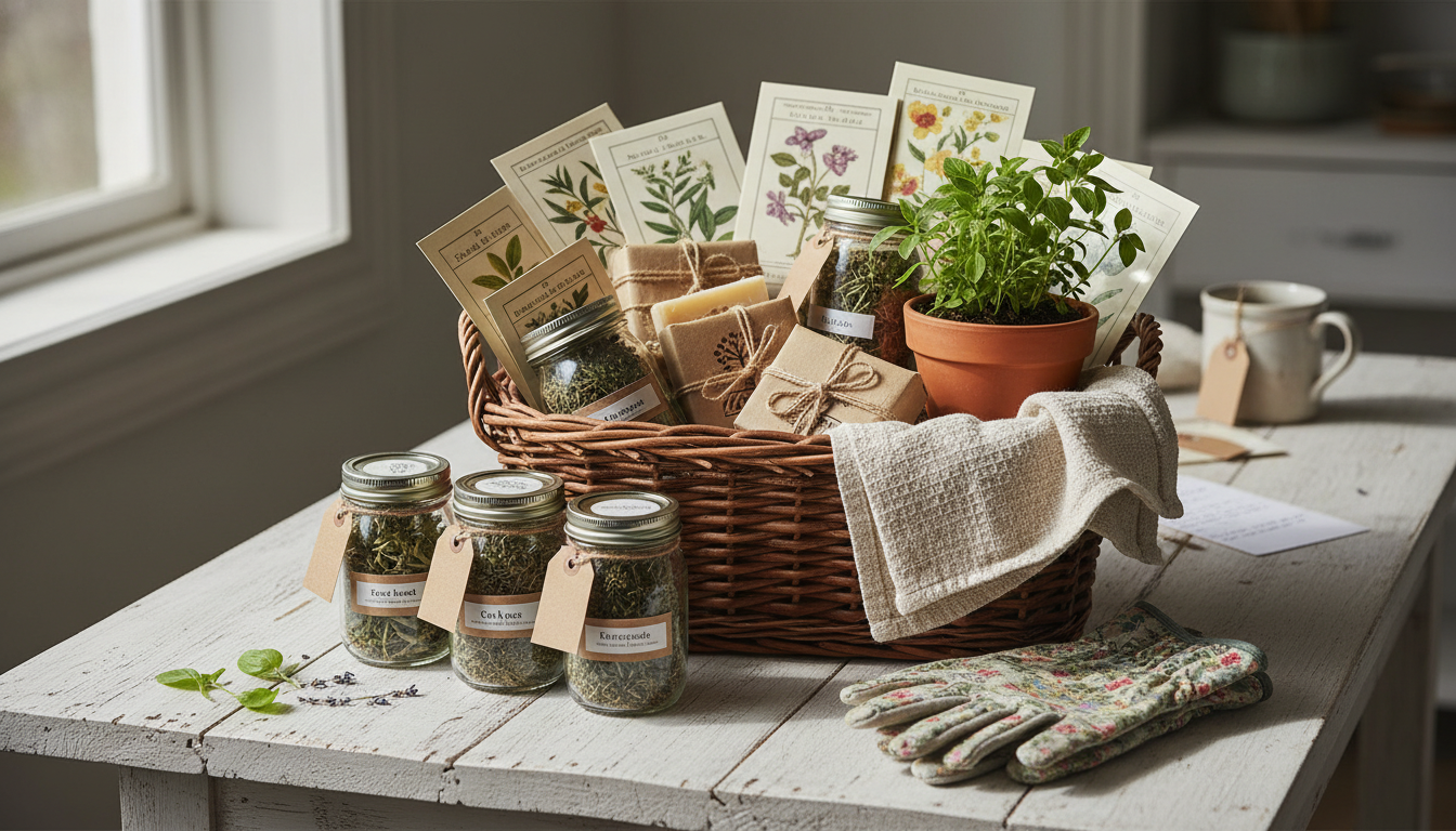Beautiful rustic homestead gift basket filled with handmade items, seeds, and natural products