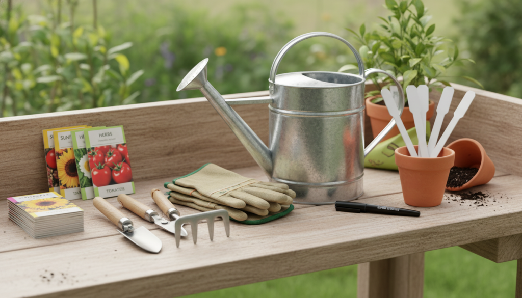 Beginner gardening supplies arranged neatly on potting bench Beginner gardening supplies arranged neatly on potting bench