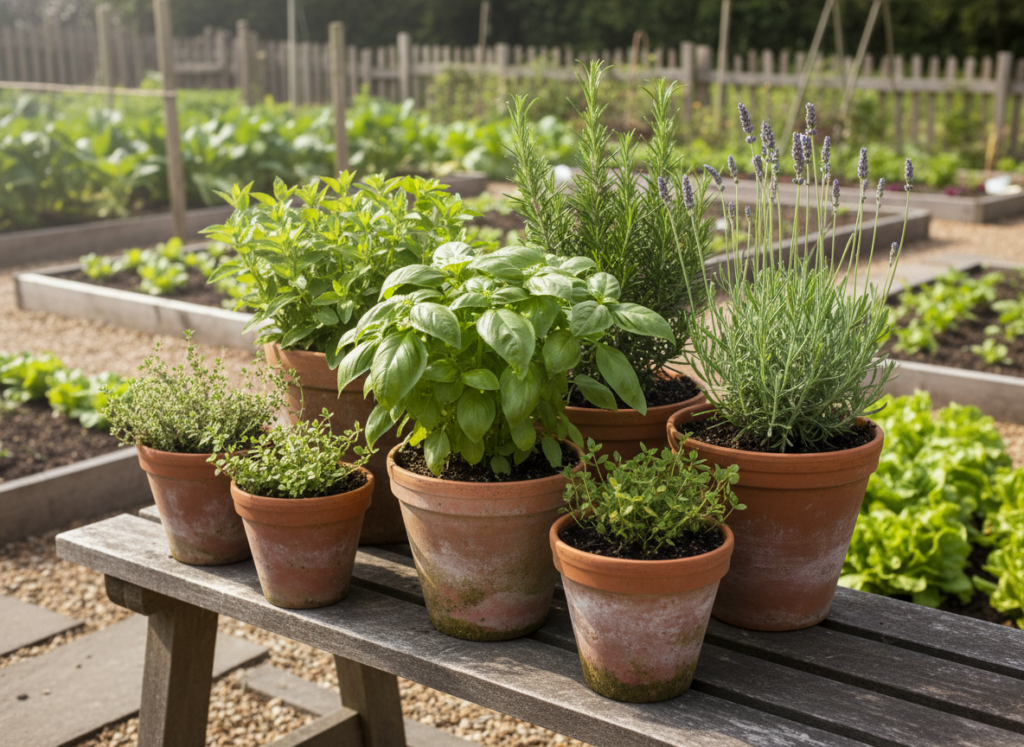 Collection of fresh herbs in terra cotta pots Collection of fresh herbs in terra cotta pots