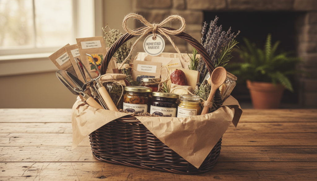 Complete homestead gift basket ready for giving Complete homestead gift basket ready for giving