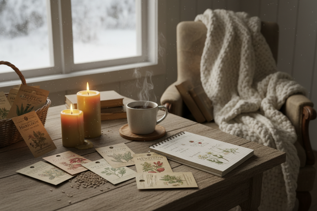 Cozy winter homestead scene with seed packets and planning materials Cozy winter homestead scene with seed packets and planning materials