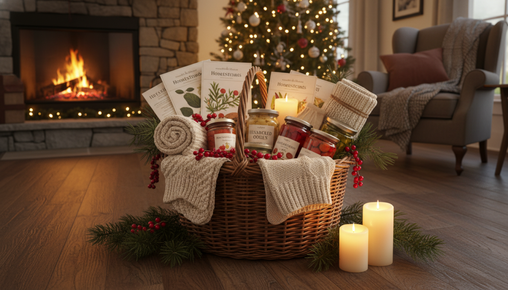 Festive winter homestead gift basket with holiday decorations Festive winter homestead gift basket with holiday decorations