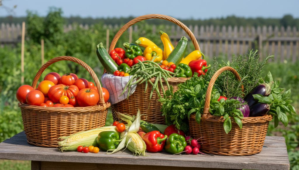 Fresh summer harvest vegetables arranged in baskets Fresh summer harvest vegetables arranged in baskets