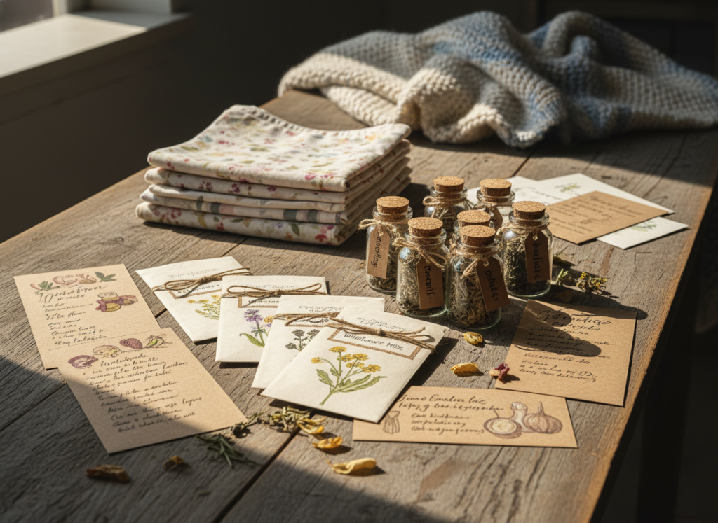 Handmade homestead gift items arranged on table Handmade homestead gift items arranged on table