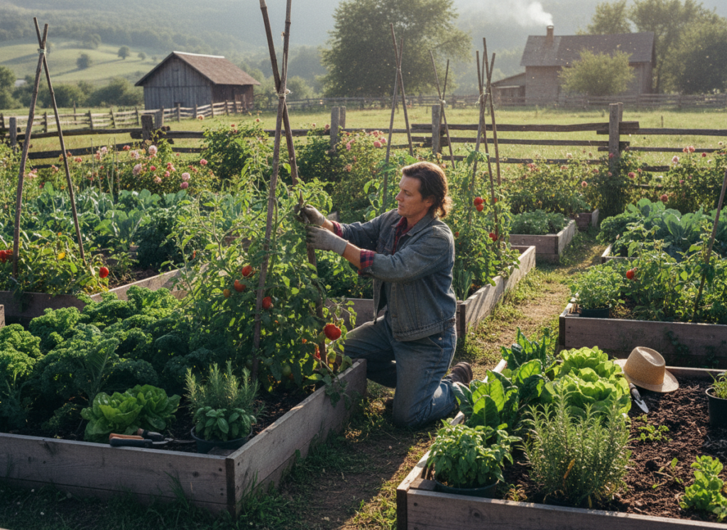 Homesteader tending to garden beds with vegetables growing in raised wooden planters Homesteader tending to garden beds with vegetables growing in raised wooden planters