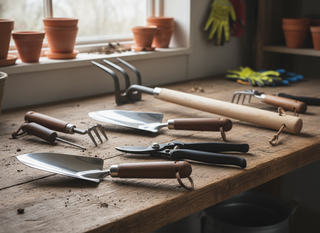 Premium gardening tools displayed on workbench Premium gardening tools displayed on workbench