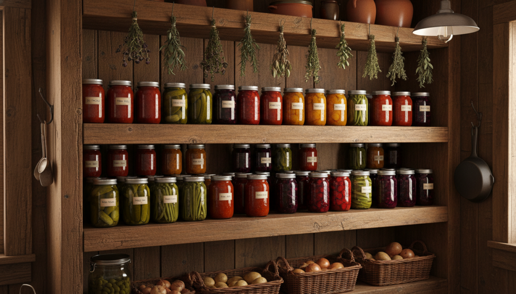 Shelves lined with colorful preserved foods in mason jars Shelves lined with colorful preserved foods in mason jars