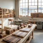 Workshop filled with finished wooden projects ready for sale including cutting boards and home decor items