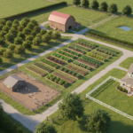 aerial view of a 5 acre farm layout with organized zones for gardens, livestock, and structures