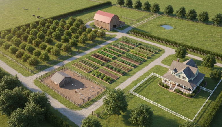 aerial view of a 5 acre farm layout with organized zones for gardens, livestock, and structures