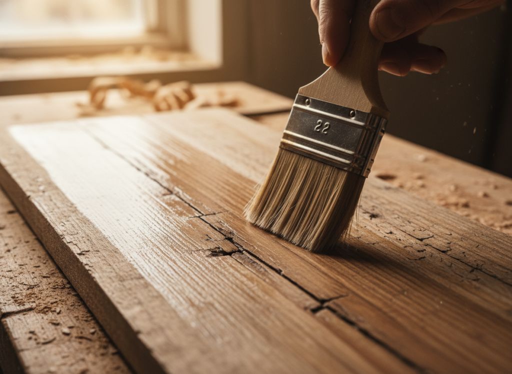 applying finish to reclaimed wood project with brush