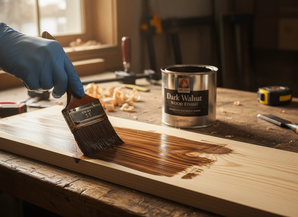 applying wood stain with brush to wooden project