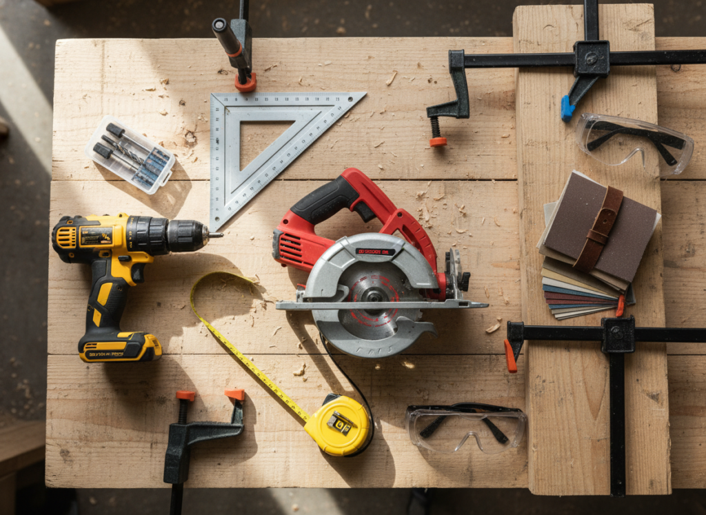 basic tools for outdoor wood projects laid out on a workbench