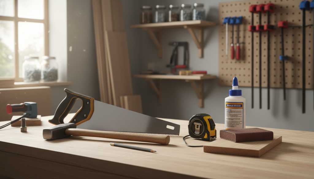 basic woodworking tools arranged neatly on workbench