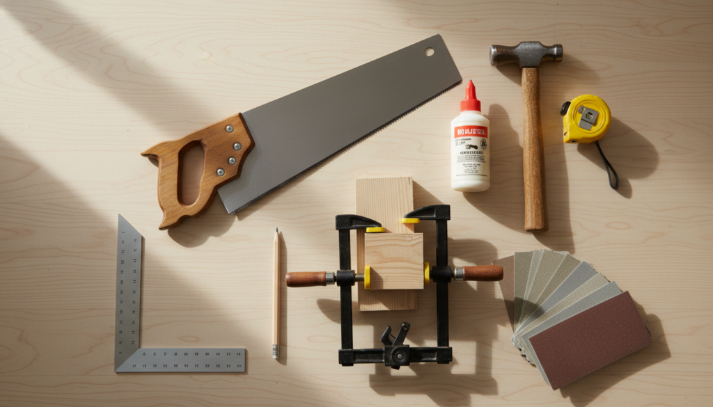 basic woodworking tools for beginners laid out on workbench