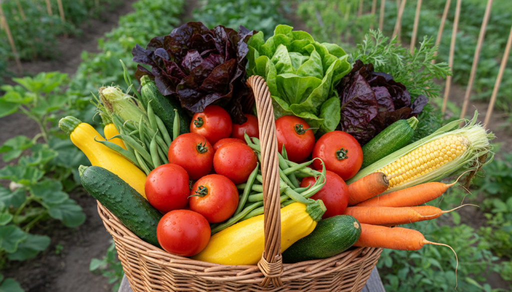 basket full of freshly harvested vegetables from homestead garden