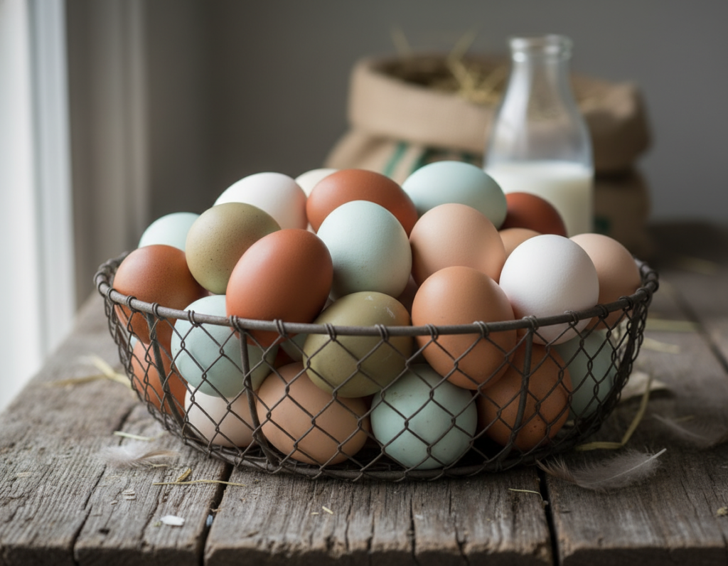 basket of fresh colorful eggs from backyard chickens