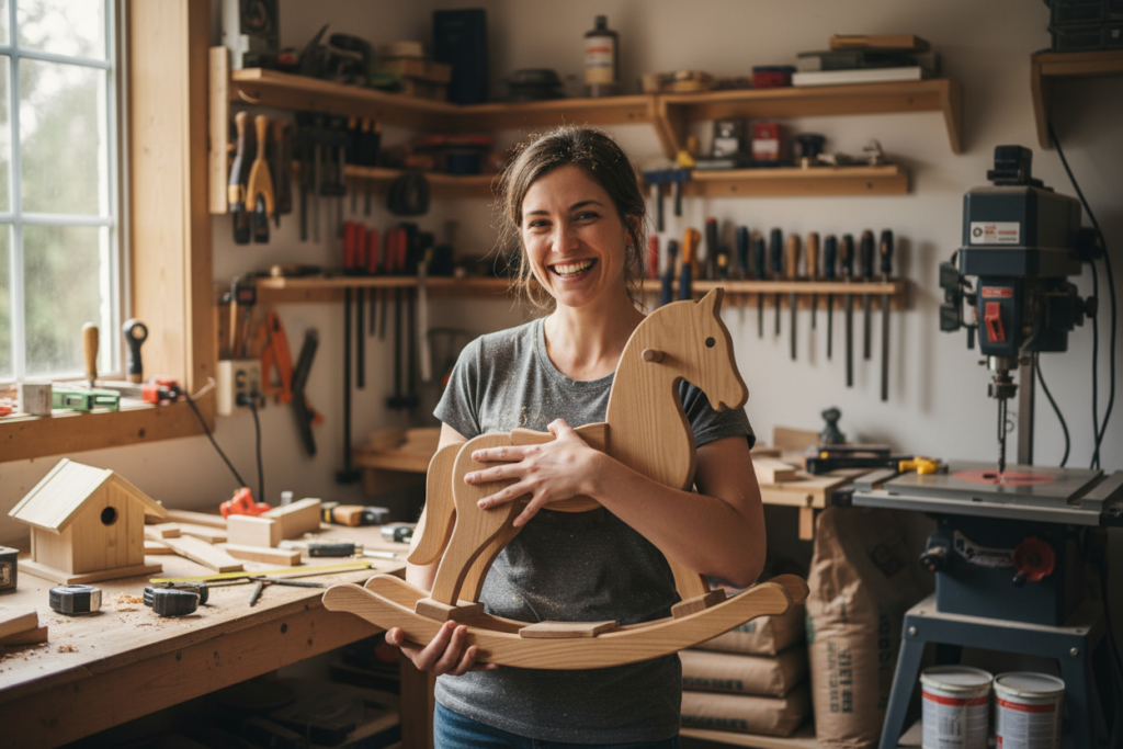 beginner woodworker admiring completed project