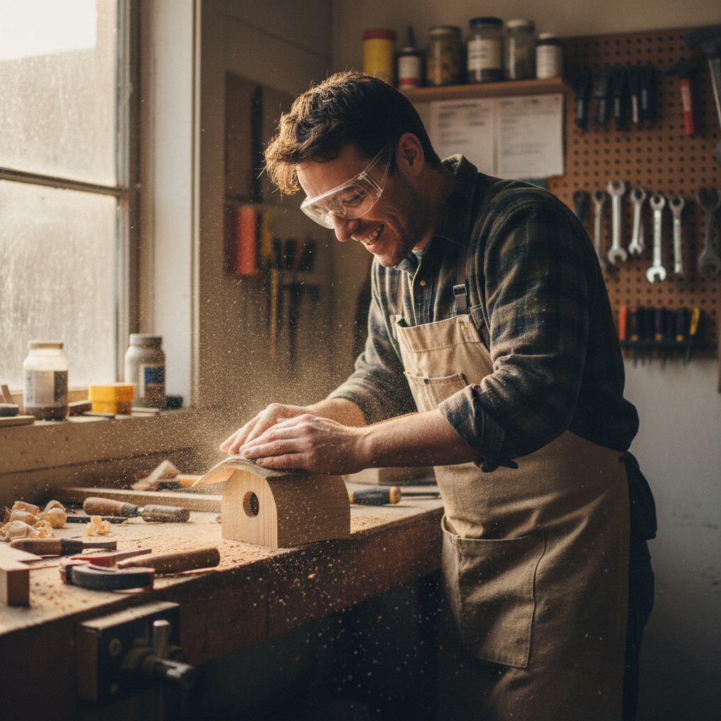 beginner woodworker smiling while sanding a wood project