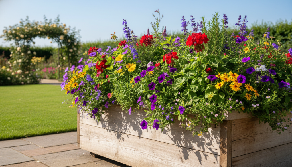 cedar wood planter box in garden filled with colorful flowers and herbs