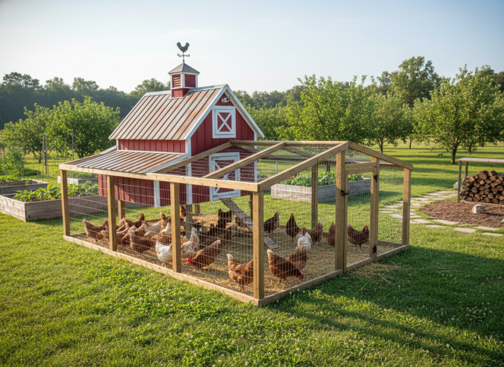 chicken coop and fenced run on homestead with healthy chickens