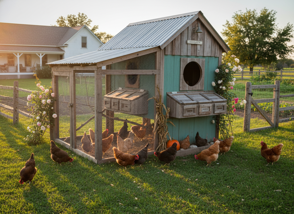 chicken coop integrated into homestead layout with fenced run area