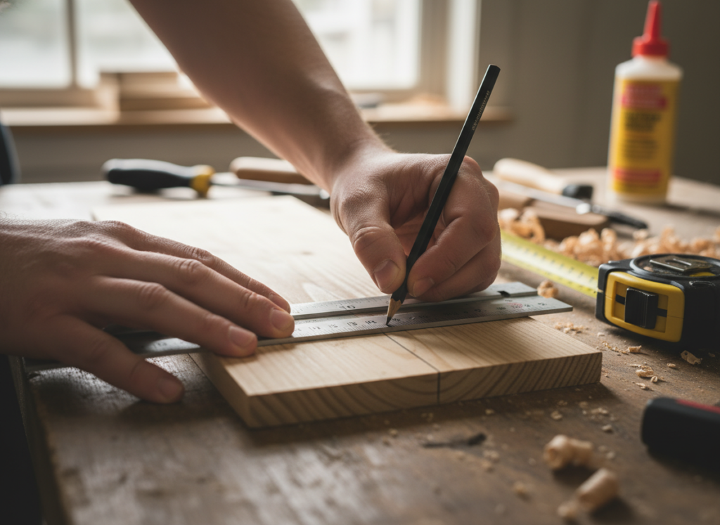 close-up of hands measuring and marking wood board with combination square and pencil