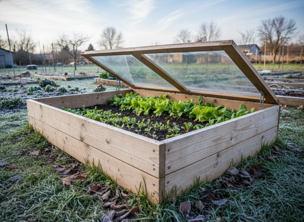 cold frame protecting vegetables in early spring