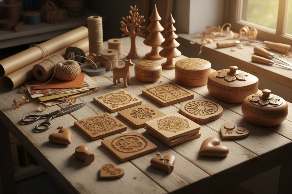 collection of handmade wooden gift items
