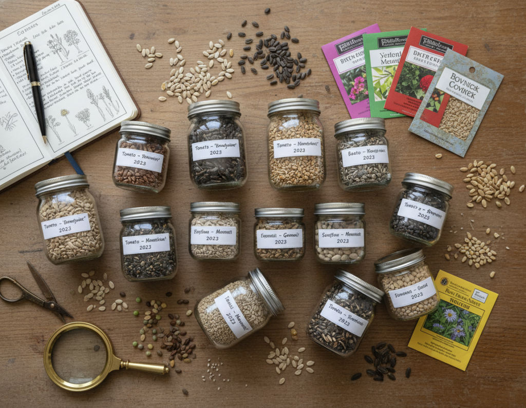 collection of saved seeds in labeled jars