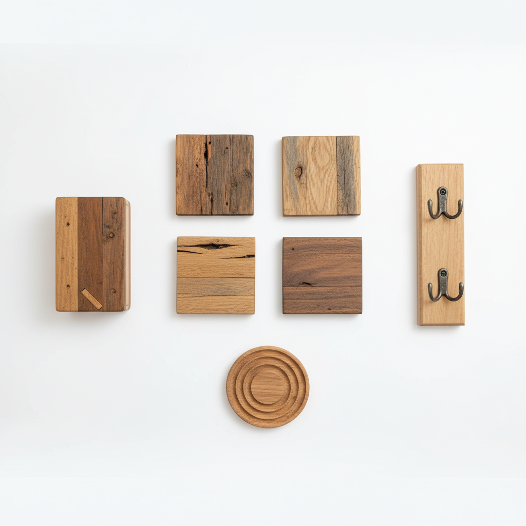 collection of small reclaimed wood diy projects including coasters