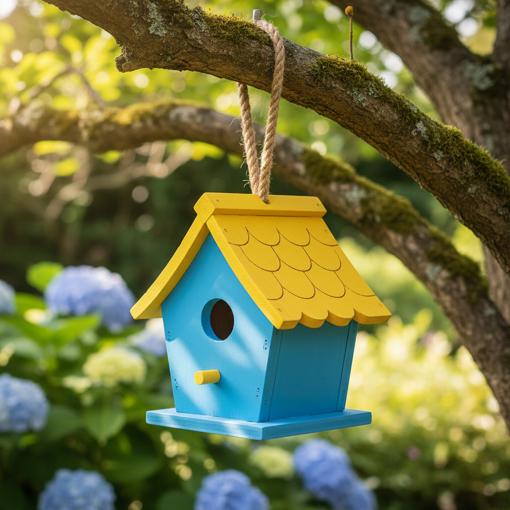 colorful wooden birdhouse hanging from tree