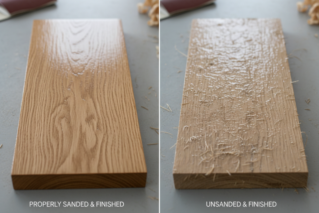 comparison of properly sanded versus poorly sanded wood