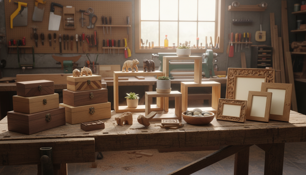 completed collection of small wood projects displayed together
