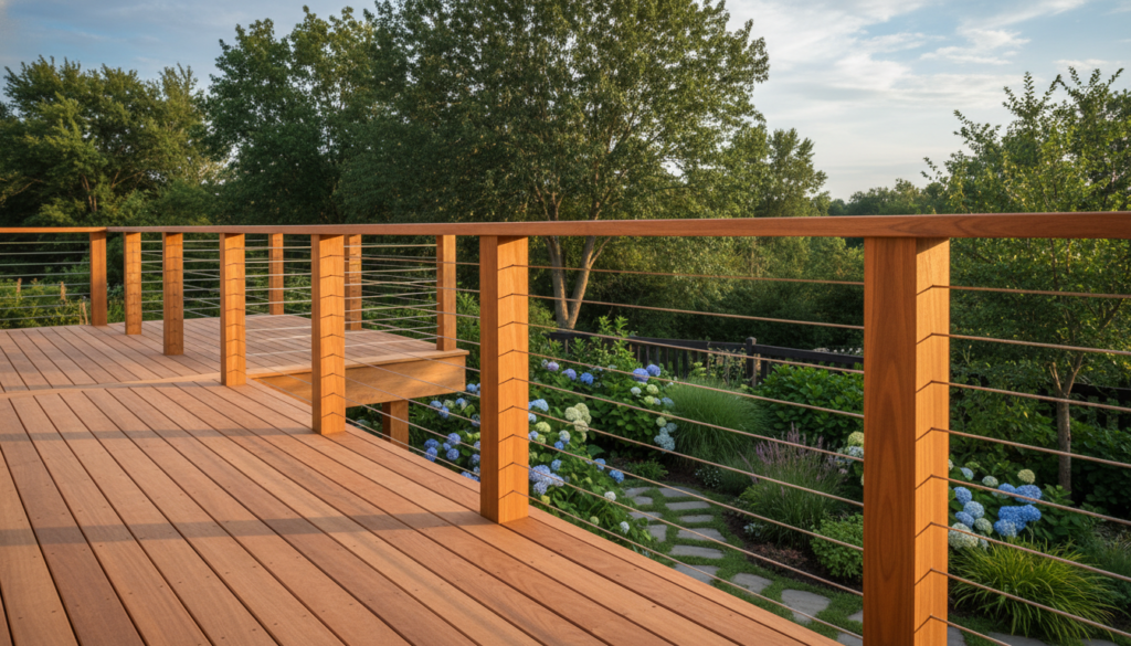 custom wooden deck railing with decorative balusters