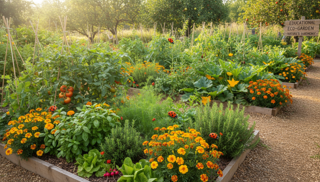 diverse garden with companion plants and beneficial insects