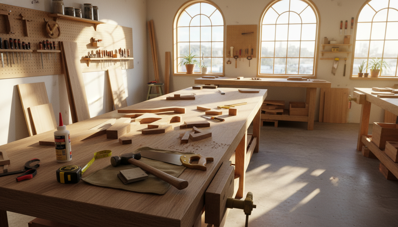 diy wood projects workspace with tools and lumber