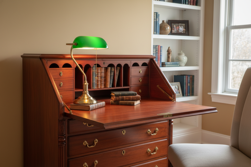 elegant wooden secretary desk with fold-down writing surface and organized compartments