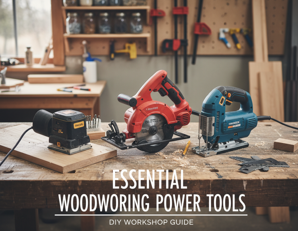 essential woodworking power tools including circular saw drill and orbital sander on workbench