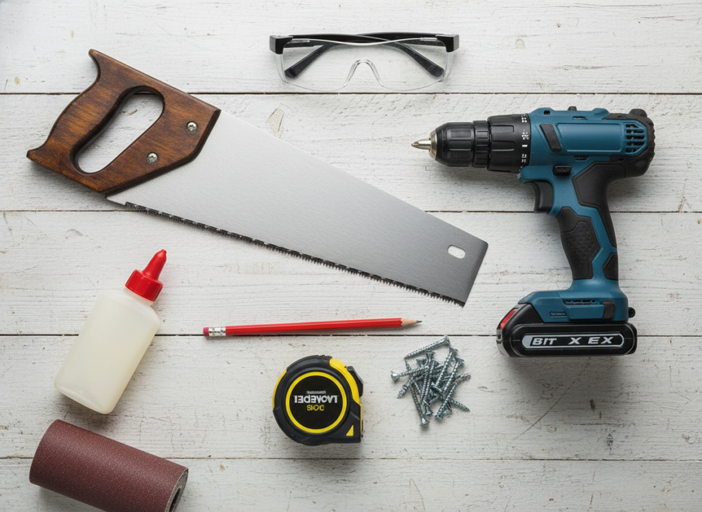 essential woodworking tools laid out including saw, drill, measuring tape