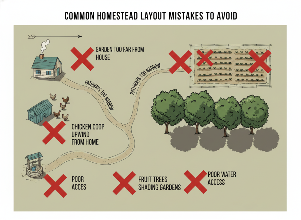 examples of poor homestead layout planning showing common mistakes