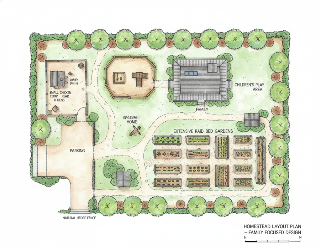 family-focused homestead layout diagram with large garden areas